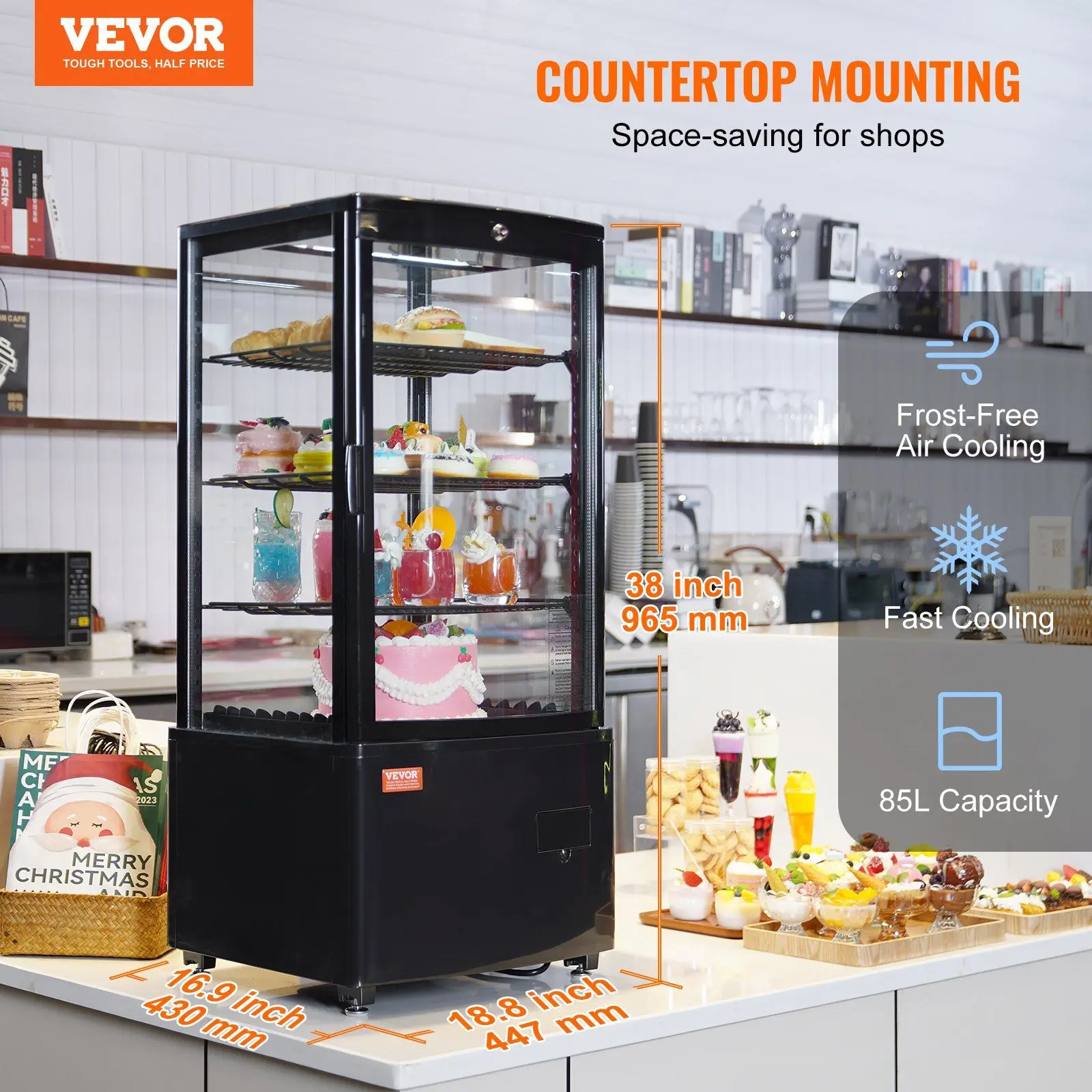 Refrigerated Display Case, 3 Cu.Ft./85L Countertop Pastry Display Case, 3-Tier Commercial Display Refrigerator with LED Lighting