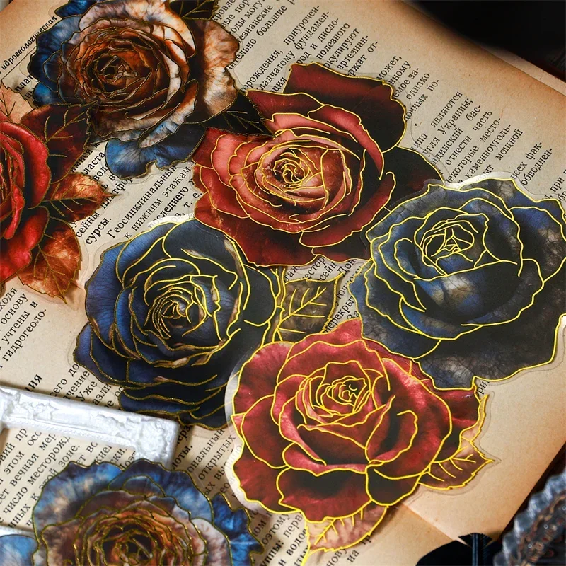 

10Sheets PET Sticker Mystery Rose Flower Bronzing Romantic Handbook Base Foil Decoration Scrapbook Supplies 171*129MM