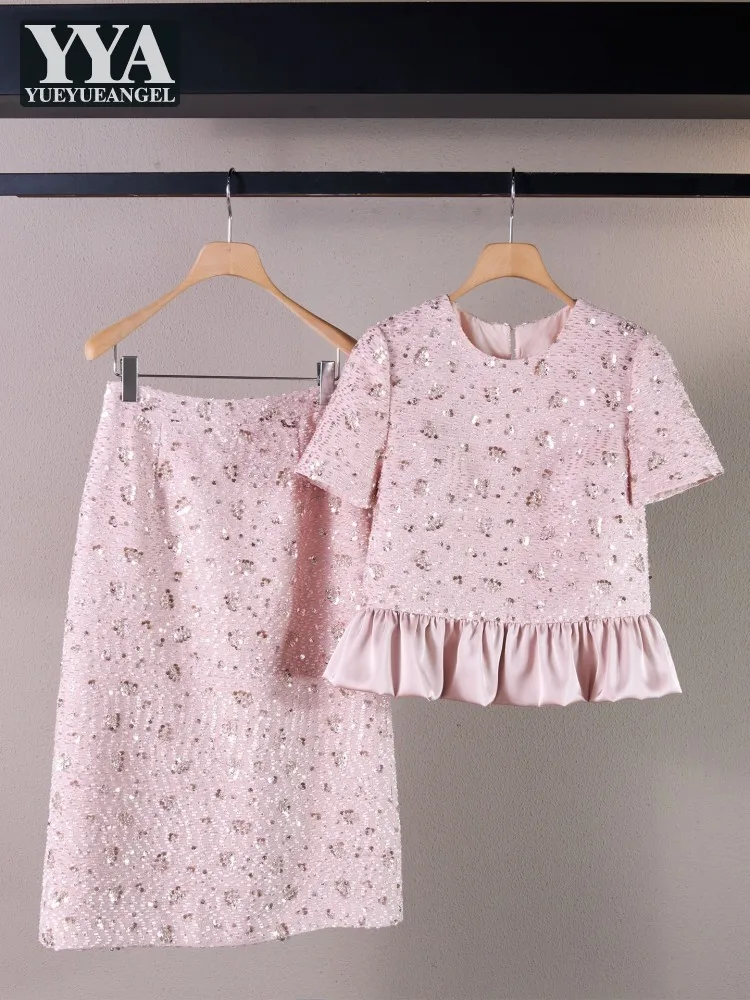 Elegant Ladies French Style Sequined O-Neck Short Sleeve Pullover Top High Waist Long Skirt Fashion Summer Women Two Piece Sets