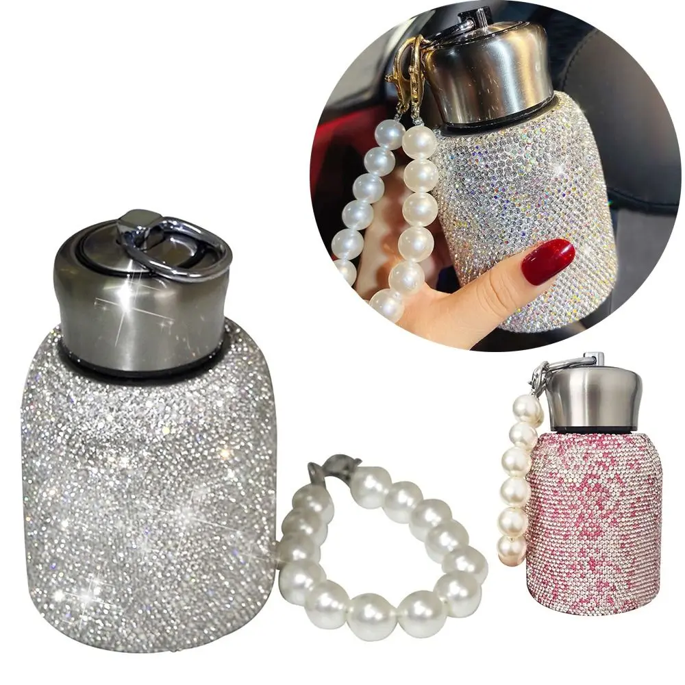 Round Stainless Steel Water Bottle Solid Color Portable Slim Insulated Thermal Water Bottle Rhinestone Durable