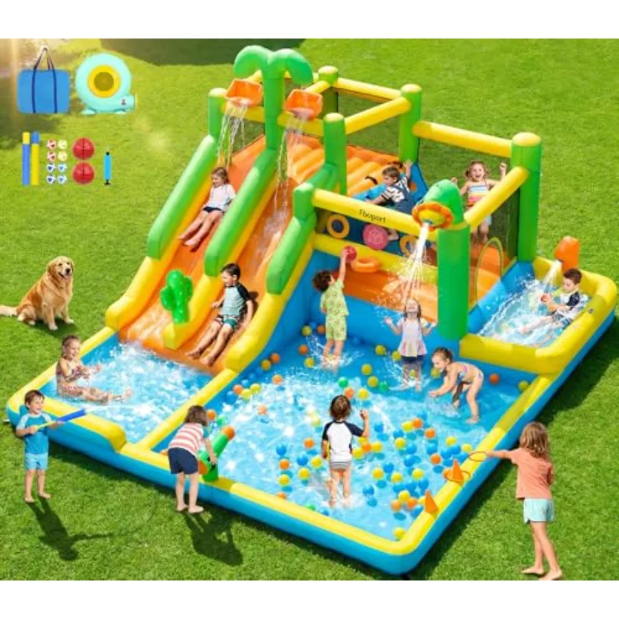 Inflatable Bounce House Double Water Slide, Water Bounce House for Big with Splash Pool, Jumping, Climbing Wall, Bouncy Castle