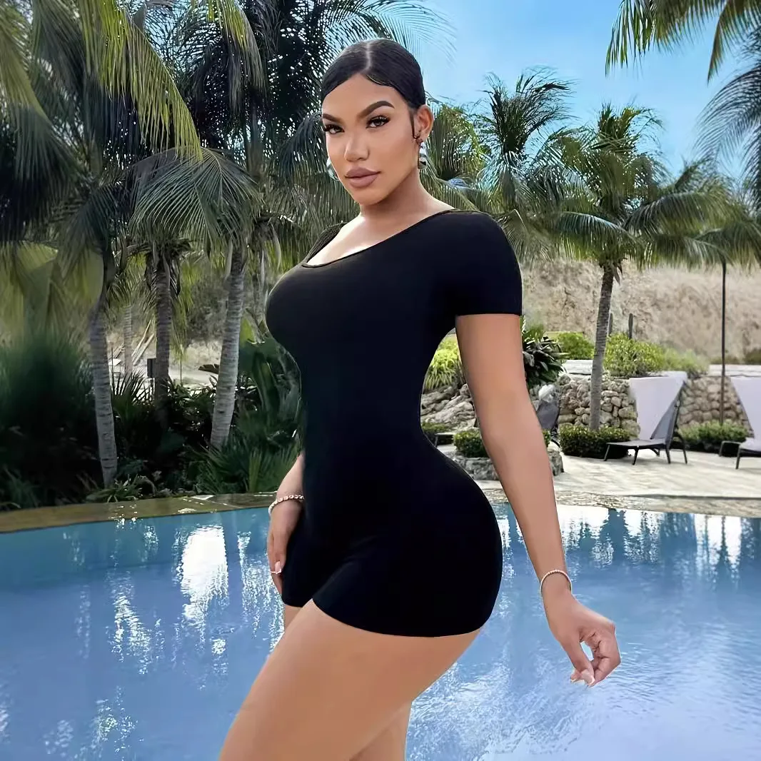 FIGOHR Summer Women's Casual O-Neck Short-Sleeve Bodycon Female Sexy Black Open Back Lace-Up Romper