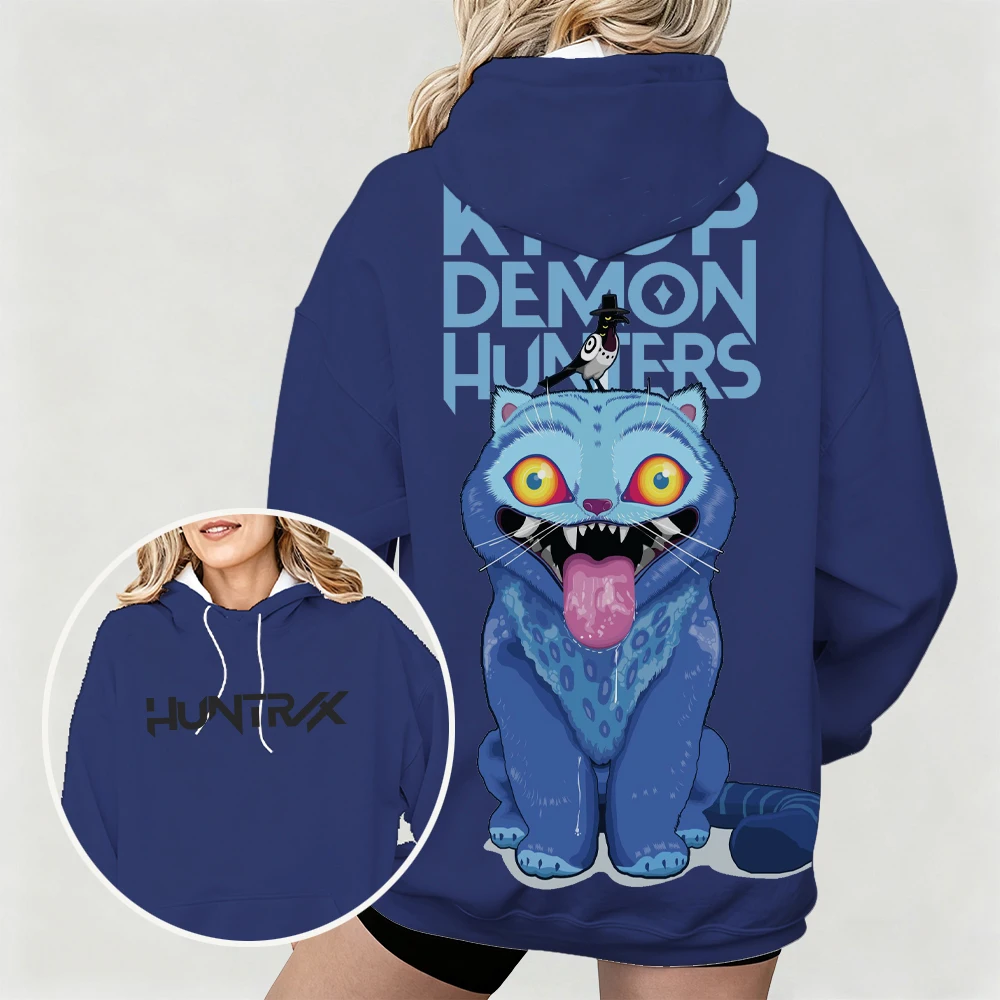 هوديي نسائي كبير الحجم مع KPop Demon Hunters Bold Derpy & Bird Graphic Print تصميم فني مزدوج الجانب للارتداء اليومي غير الرسمي