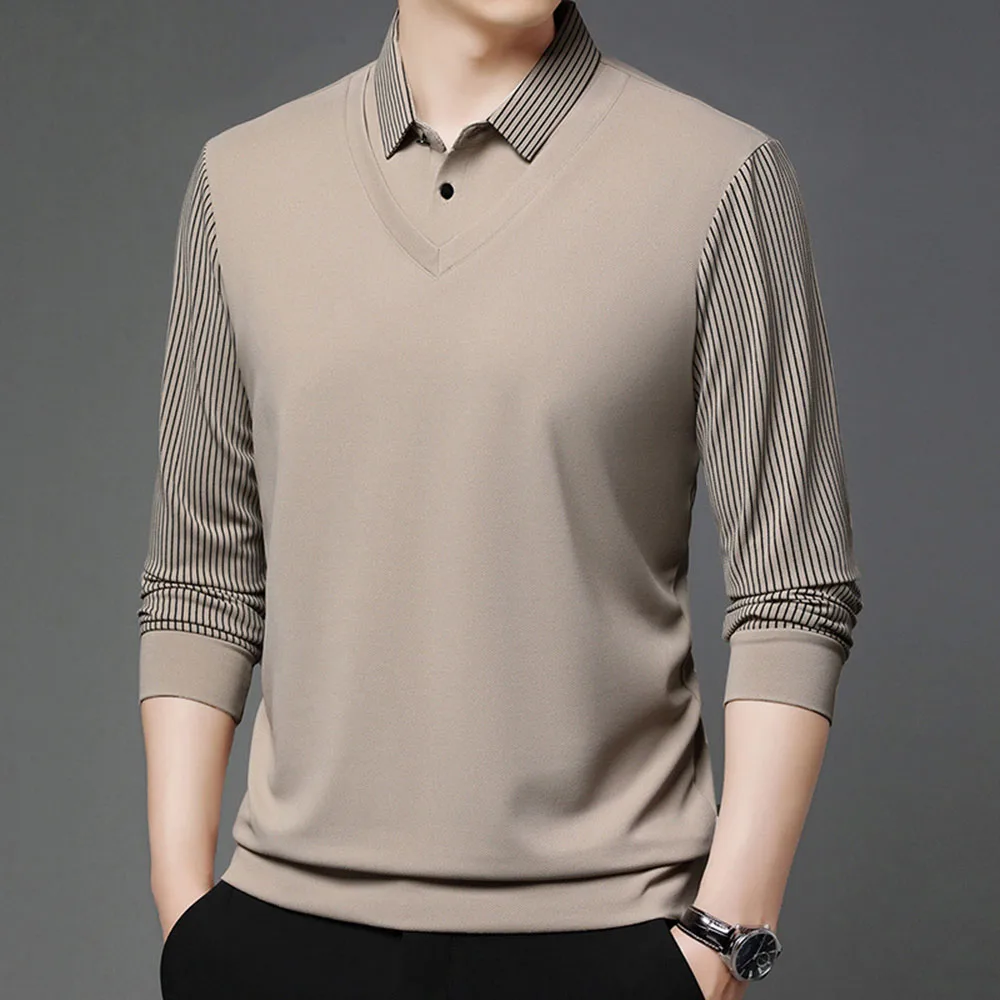 

M-4XL Polo Collar Long Sleeve T-Shirt Men's Striped Lapel Business Shirt Autumn Winter New Casual Style Warm Base Layer Tops