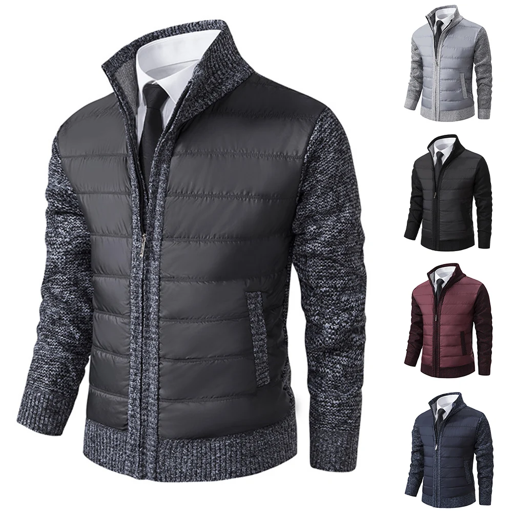 Men\'s Thickened Plush Knitted Sweater Jacket with Stand Collar and Zipper Closure Designed for Casual and Holiday Use