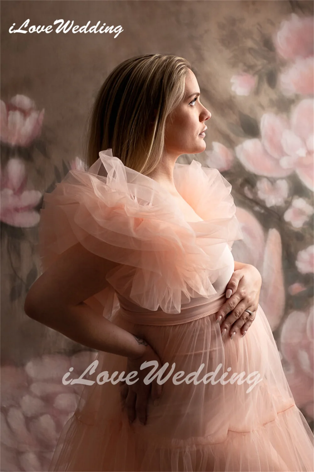 Blush Maternity Dresses A-Line Square Collar Tiered Pregnant Women Gown for Photoshoot Tulle Off Shoulder Pregnancy Babyshower