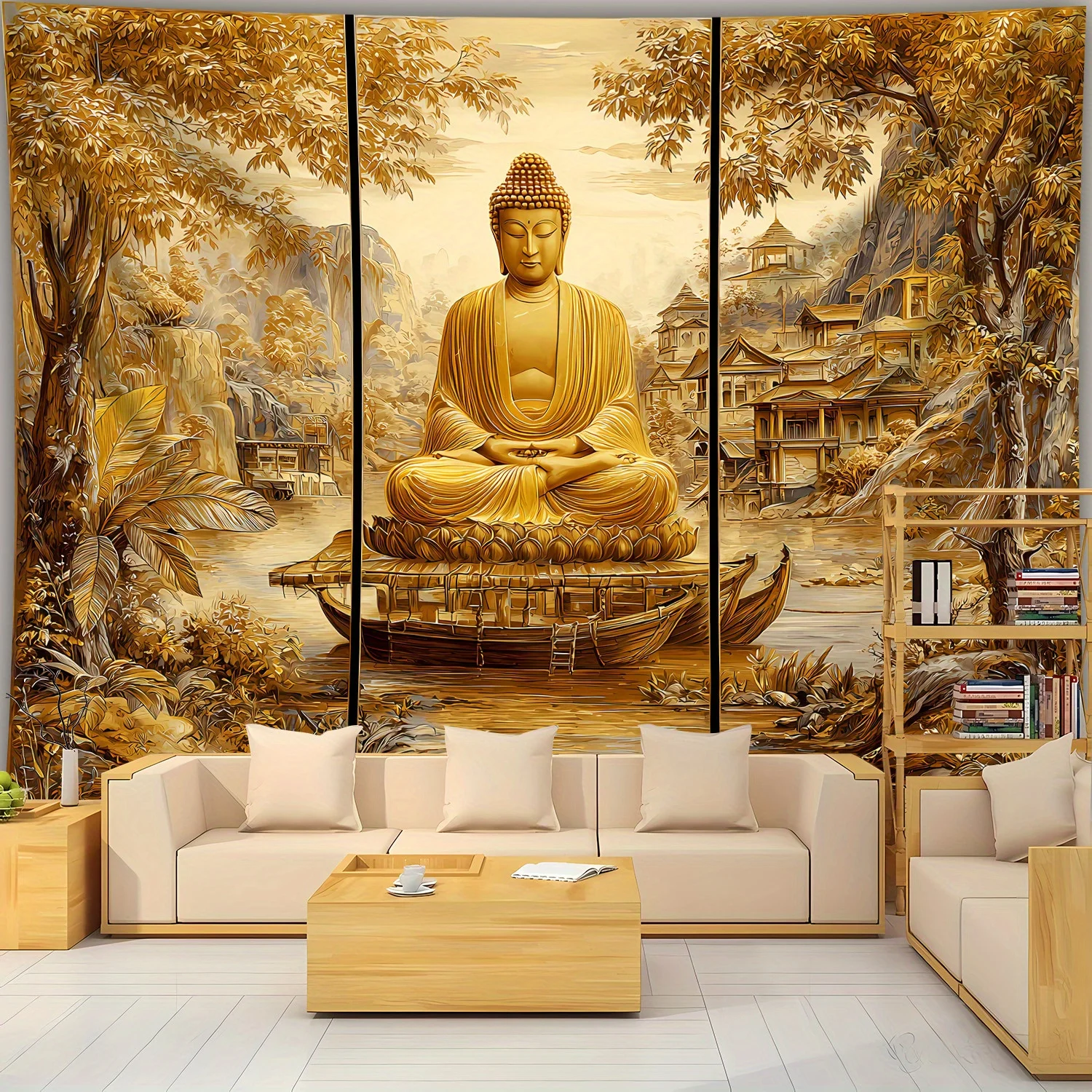 Buddha Meditation Scene Tapestry River Boat Background Spiritual Decor Wall Hanging for Living Room or Meditation Space