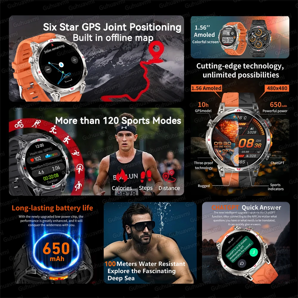 Men's Military Smartwatch GPS 1.56inch AMOLED Screen Bluetooth Call Watches Compass 100+Sports Modes 10ATM Waterproof Smartwatch
