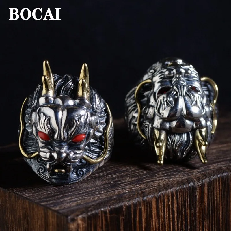 

S925 pure silver Thai silver restoring ancient ways is double color stereo dragon king leading domineering man ring