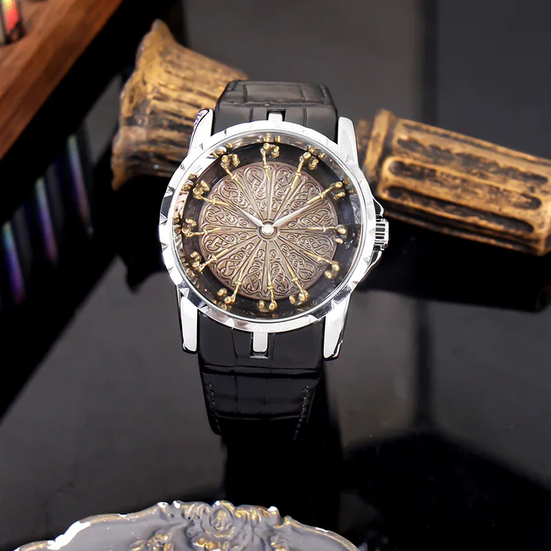 

Мужской серебряный и черный кожаный ремень, повседневные кварцевые часы для отдыха, двенадцать рыцарей, круглый стол