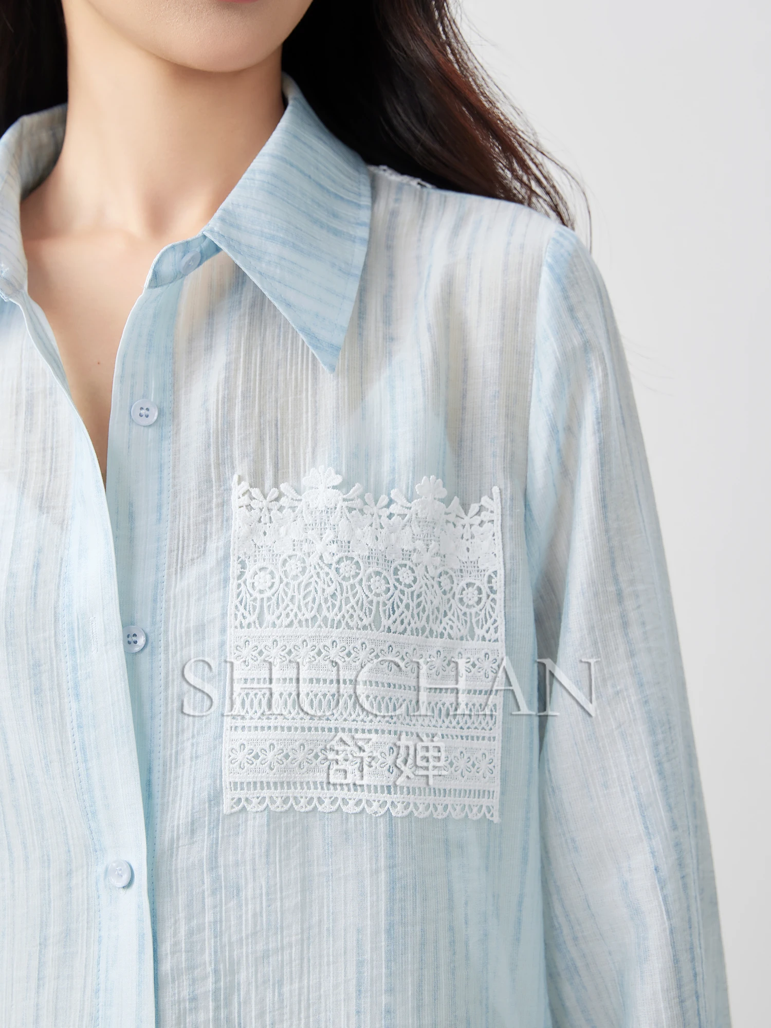 Printing Texture Lyocell Lace Pocket + Back Temperament Shirt Women Thin Summer 2025 Long Sleeve Top