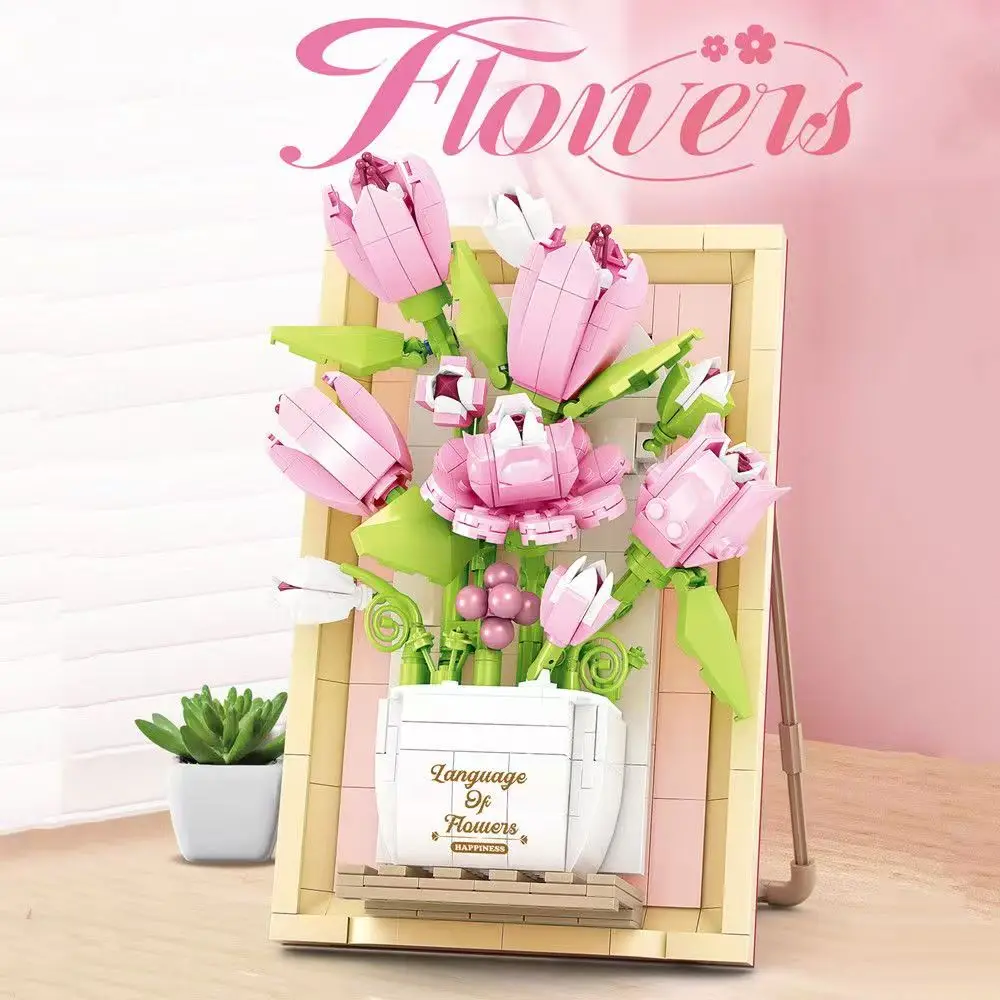 Everlasting Sunflower Tulip Photo Frame Building Blocks, DIY Flower Decor, Birthday Holiday Gift for Kids & Home