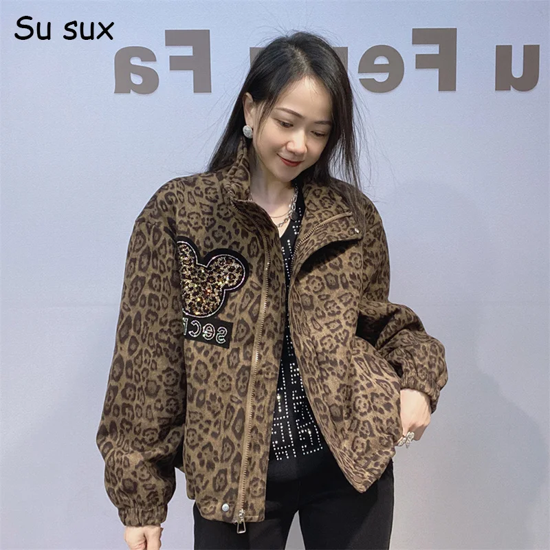 

2025 Winter Cartoon Leopard Print Long Sleeve Jackets Coat For Woman Casual Zipper Oversized Tops Y2k Clothes Vestidos Outwears