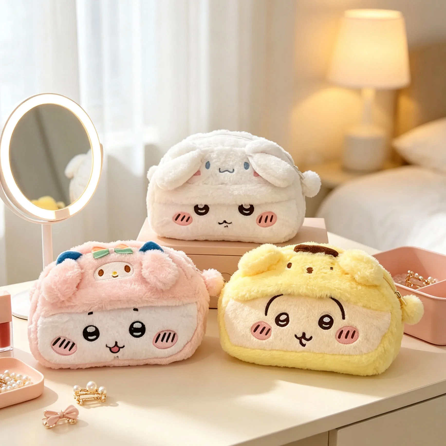 Kawaii Cartoon Plush Pen Bag Large Capacity Fluffy Stationery Bag Cute Animal Face Design Zipper Makeup Bag Travel Storage