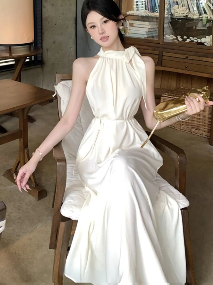 Élégant français licou femmes robes de soirée Chic épaules nues à lacets fête d'anniversaire robe mi-longue femme décontracté robes vêtements