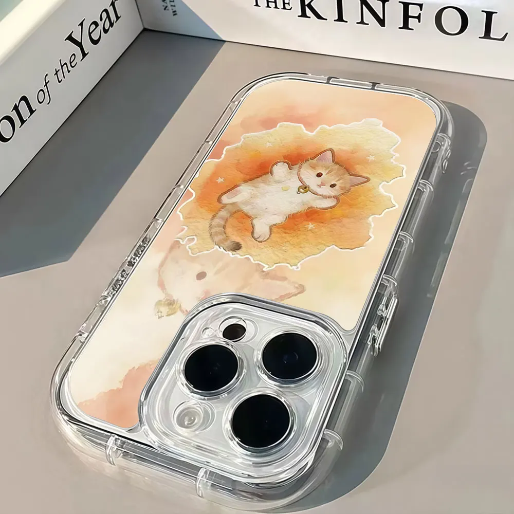 Warm Watercolor Bell Cat Phone Case For iPhone 13 14 15 12 11 16 18 17 Pro Max 7 8 15 16 Plus 18 17 X XS XR Air Mirror TPU Cover view 5