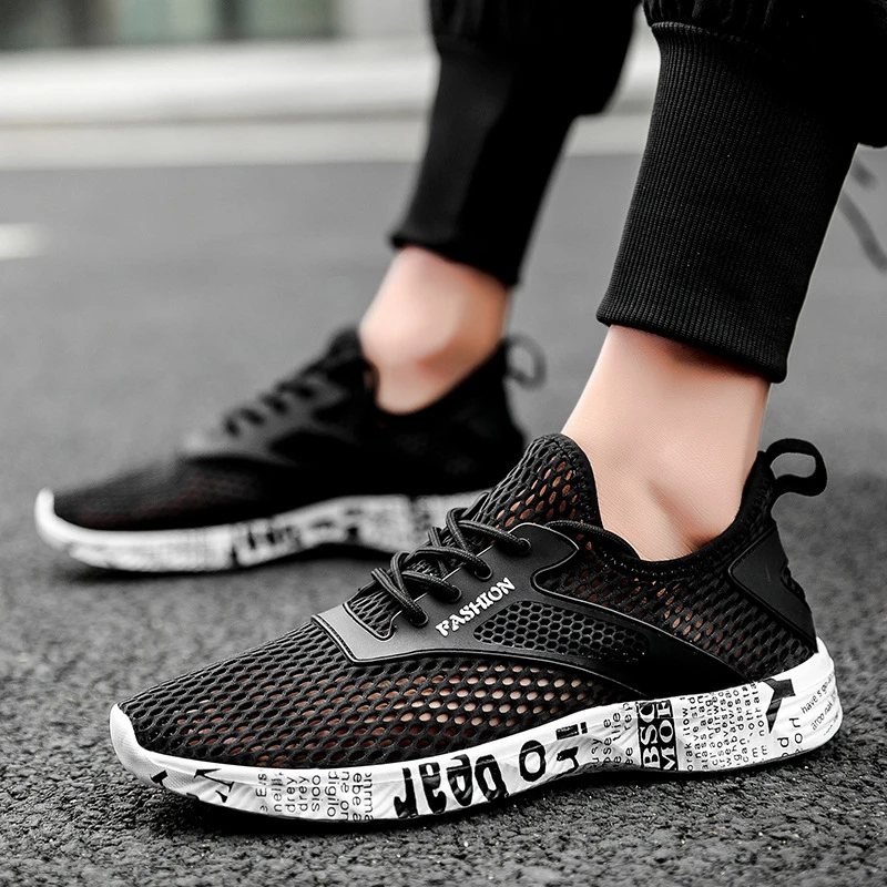

Summer Mens Black Hollow Mesh Sneakers Fashion Breathable Lightweight Casual Walking Shoes Printed Sole Outdoor Sports Footwear