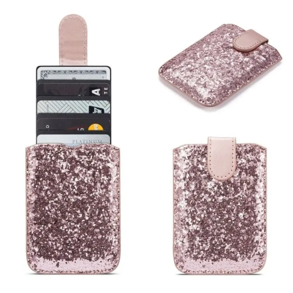 5 Card Pockets Phone ID Card Holder RFID Blocking PU Leather Cell Phone Wallet Case Adhesive Solid Color Sequins Card Sleeve
