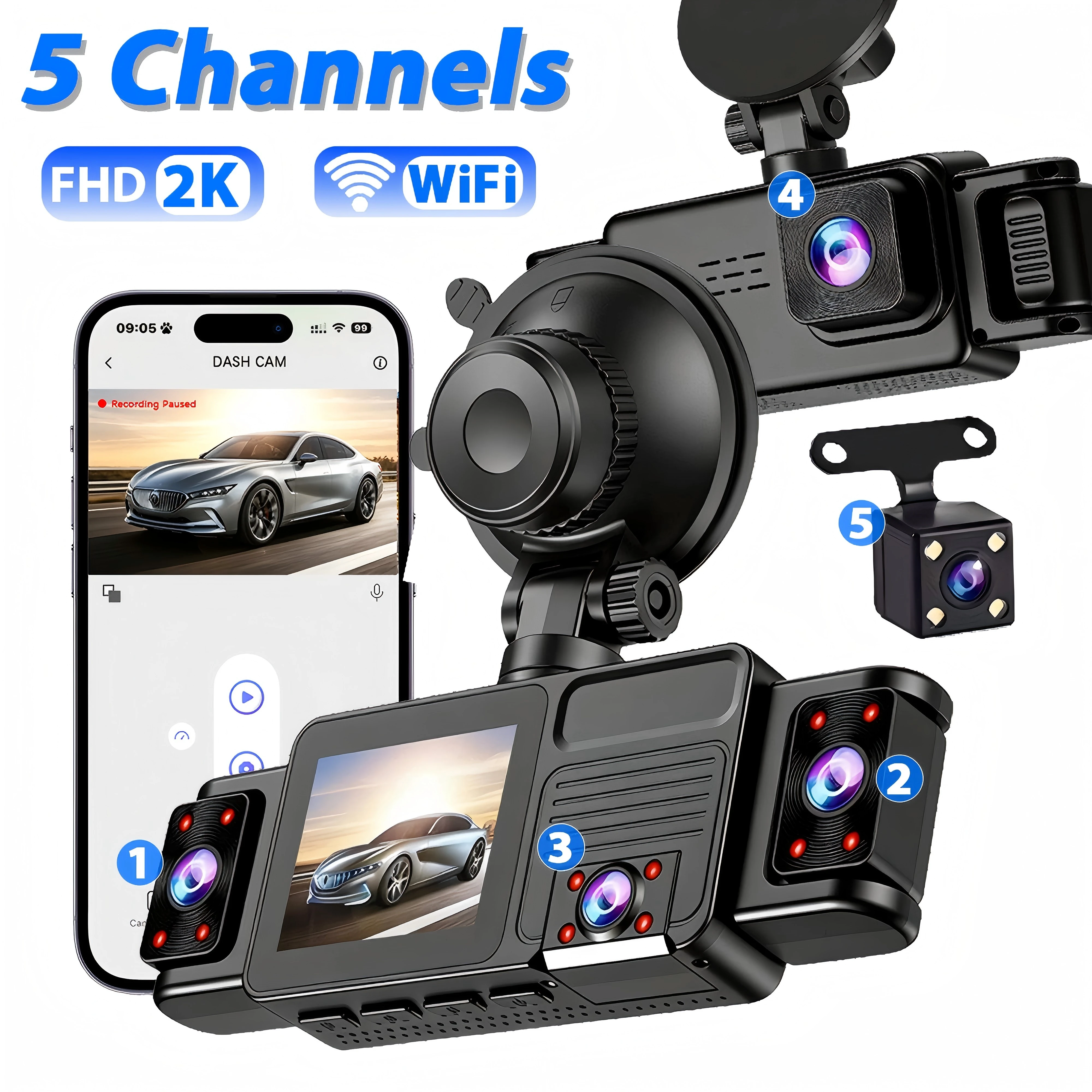 

5 Cameras Car Dash Cam DVR 360° Panoramic Recording WiFi Front 2K 24/7 Parking Monitor Night Vision Video Recorder Black Box