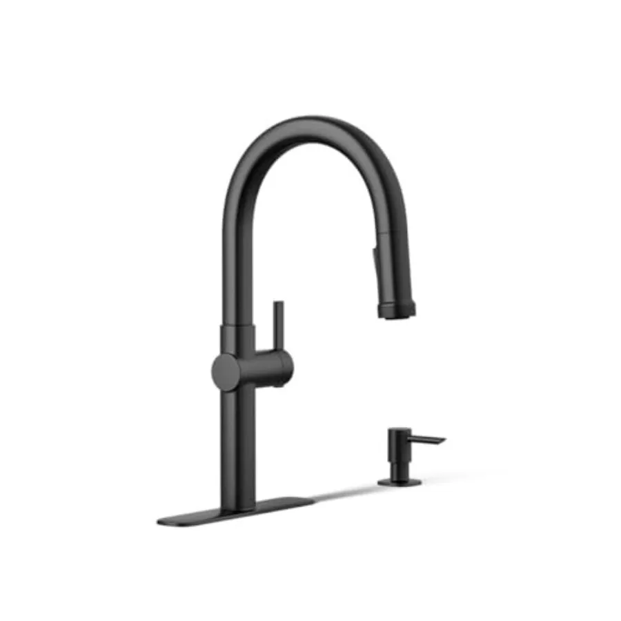 

Kitchen faucet with pull-down sprayer and soap dispenser, stainless steel, brushed nickel, single-handle design for easy operat