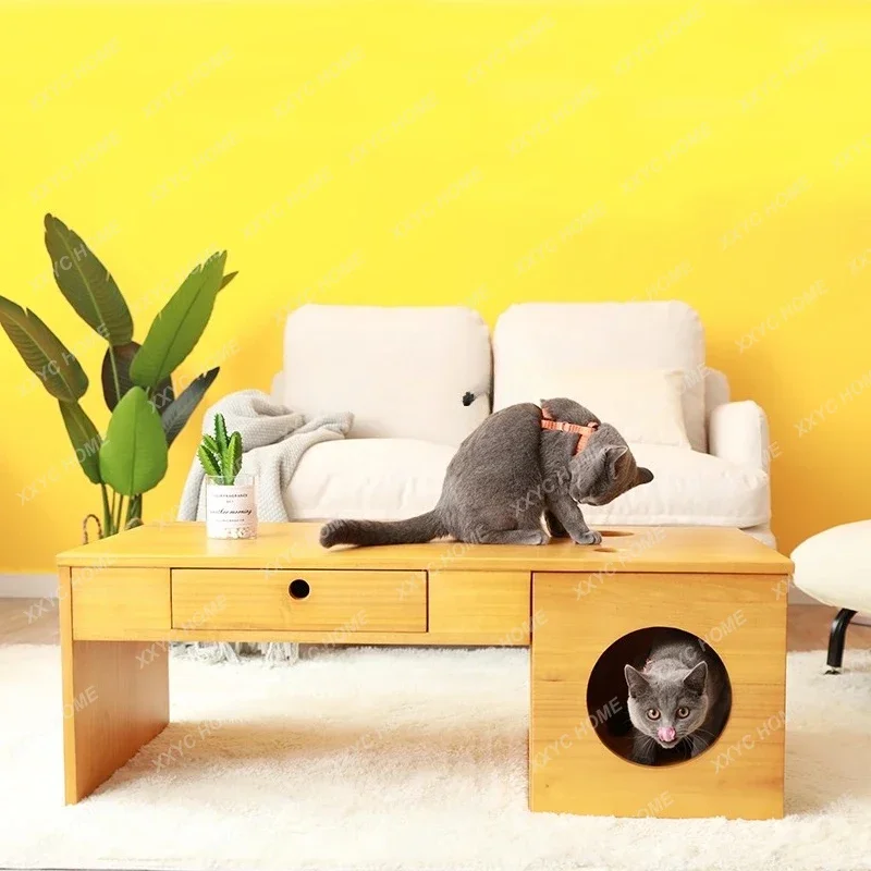 Cat Nest Tea Table Solid Wood House Pet Cat Cabinet Small Coffee Table Shared Furniture