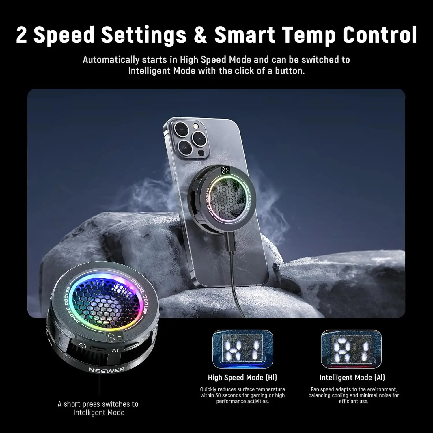 NEEWER Magnetic Phone Cooler, Low Noise Cell Phone USB Cooling Fan Magnetic Ring & Clip For iPhone 15 16 Pro Max MagSafe Samsung