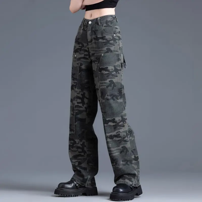 

Women's High Waist Button Zipper Sashes Camouflage Wids Leg Jeans Autumn and Winter Military Loose Pockets Tooling Casual Pants