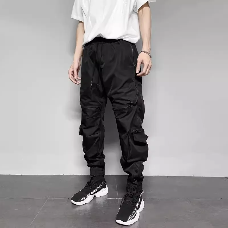 2024 Tactical Cargo Pants Men Fashion Multi Pocket Functional Trousers Elastic Waist Hip Hop Streetwear Pants Black