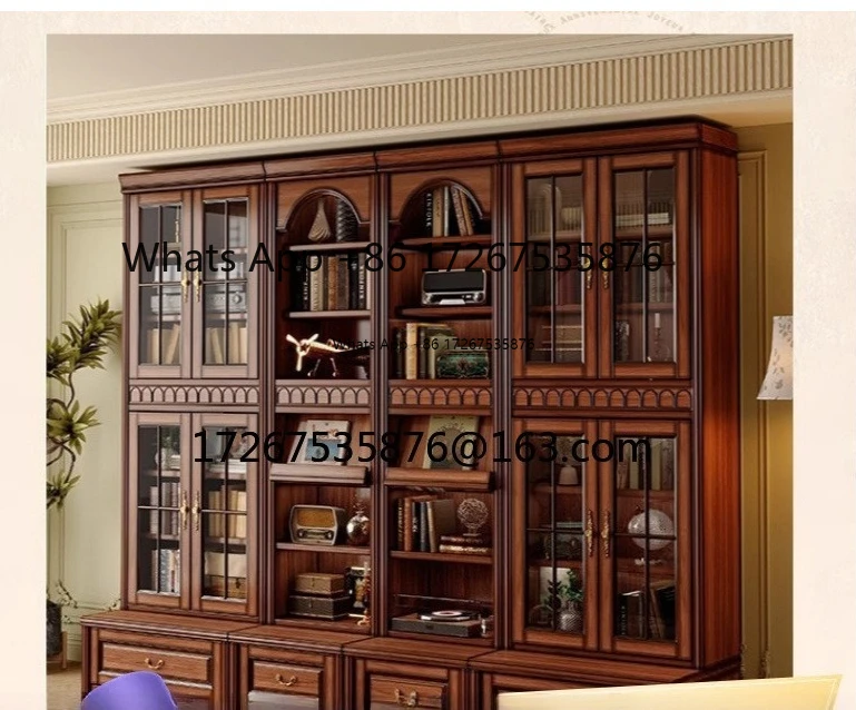 

Ретро-шкаф для книг из массива дерева со стеклянной дверцей, витрина для кабинета виллы, шкаф для гостиной, напольный книжный шкаф от пола до стены