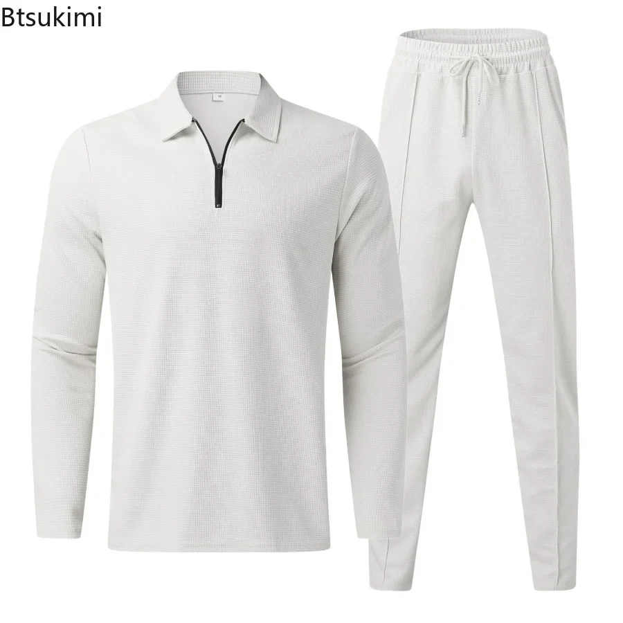 New 2024 Men\'s Casual Long Sleeve Polo Shirt+Sweatpants Suit Sets Solid Men V-neck Sweatshirt Clothing Sets 2PCS Mens Clothes