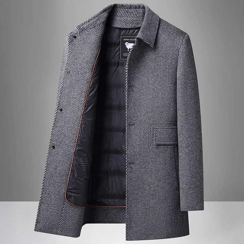 

Business Casual Overcoat Men's Thick Detachable White Duck Down Liner Woolen Coat 2025 Winter Warm Wool Windbreaker Puffer Coats