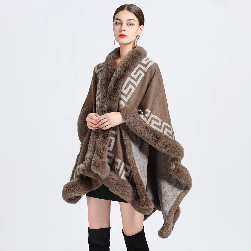 Women Rex Rabbit Faux Fur Shawl Lady Cashmere Feel Mantle Fall Winter Elegant Wrap Luxury Warm Overcoat Classic Vintage Cloak