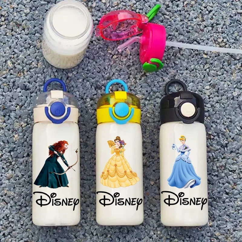 400ML Disney Princess Cartoon Straw Water Bottle Portable Small Capacity Plastic Water Bottle Outdoor Travel Sports Water Cup