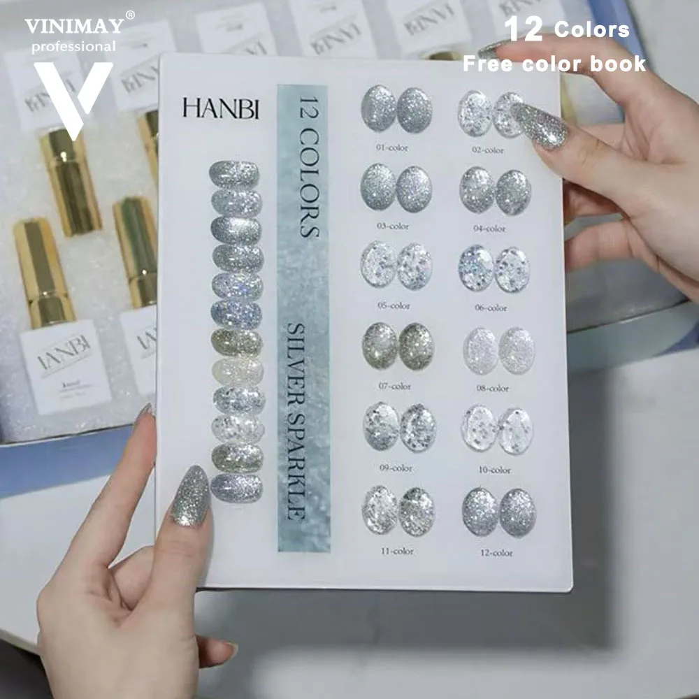 Esmalte em Gel Prateado com Glitter e Display, Verniz UV para Unhas com Efeito Flash, Gelpolish Removível, Verniz em Gel para Nail Art, Primer