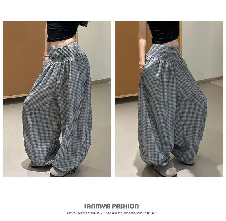 2026 Herbst Koreanischer Stil Rosa Karierte Damen-Weitbein-Hose Hohe Taille Locker Sitzend Figur-Schmeichelnd Eisseiden-Haremshose – Detail 4