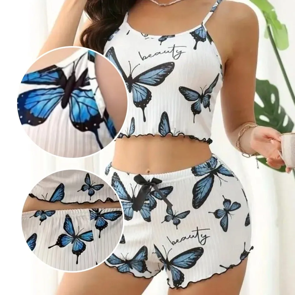 

New Butterfly Print Women's Pajama Set Sexy Two-Piece Set Sling Pajamas Polyester Breathable Home Clothes Relaxation Wear