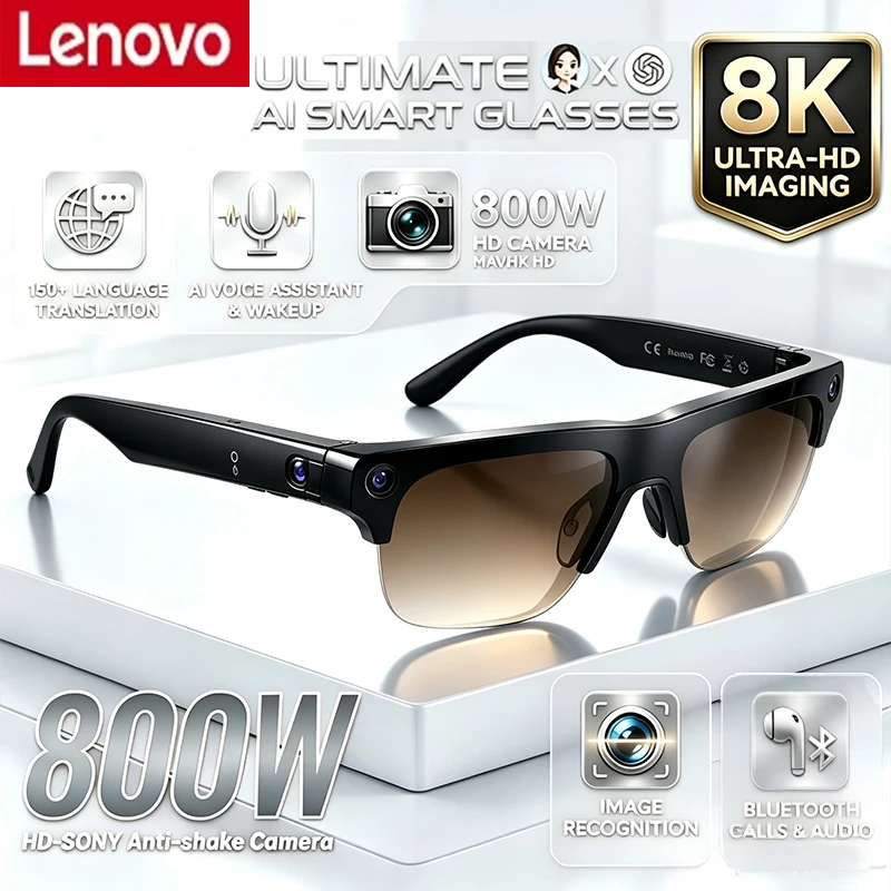 Lenovo Smart AI Glasses 800w HD 8K Shooting Camera Photo Video Voice Call Translation Waterproof Bluetooth AI Motorcycle Glasses