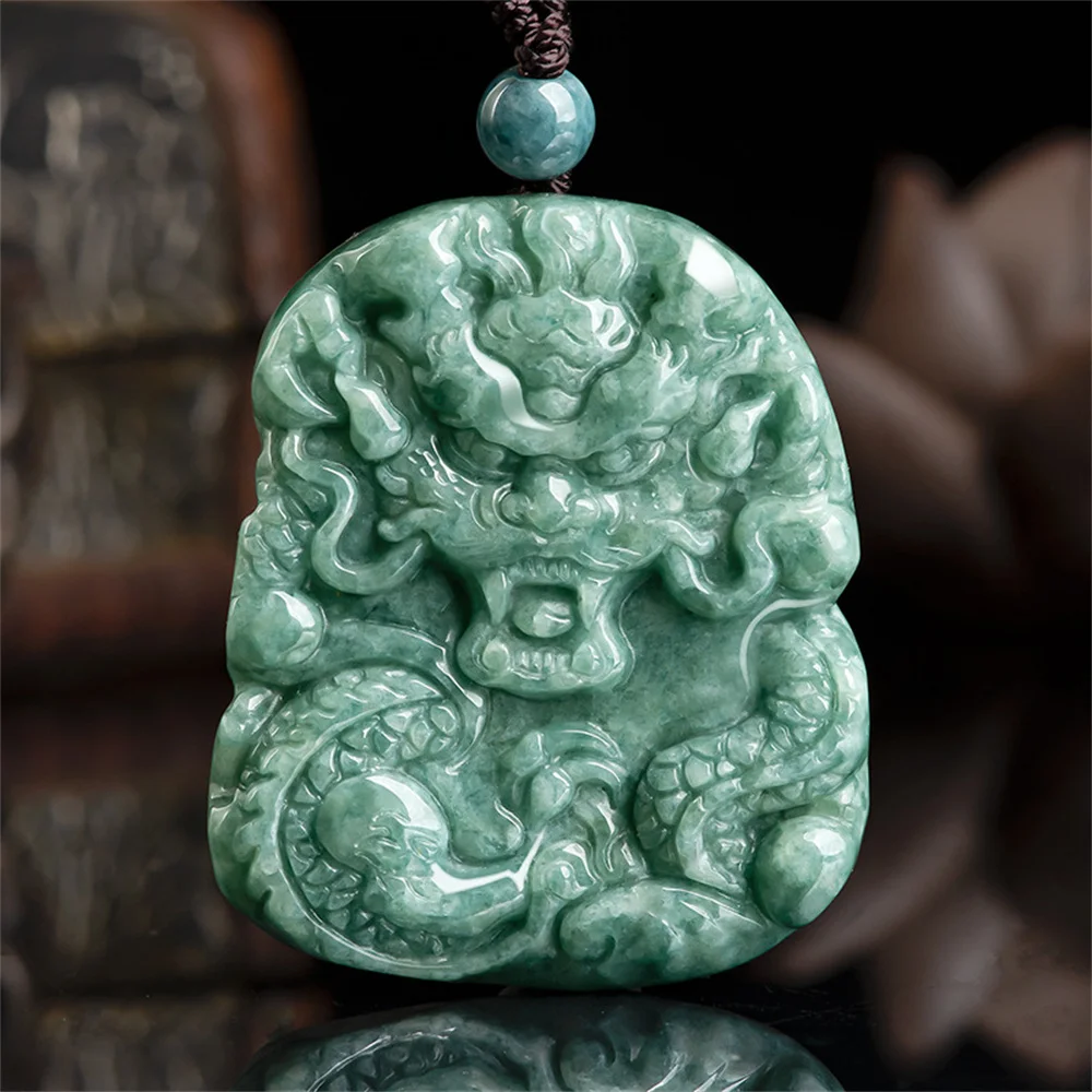 Trendy Natural Green Jadeite Carved Chinese Unique Dragon Lucky Pendant Amulet Necklace Certificate Luxury Jade Gift Jewelry