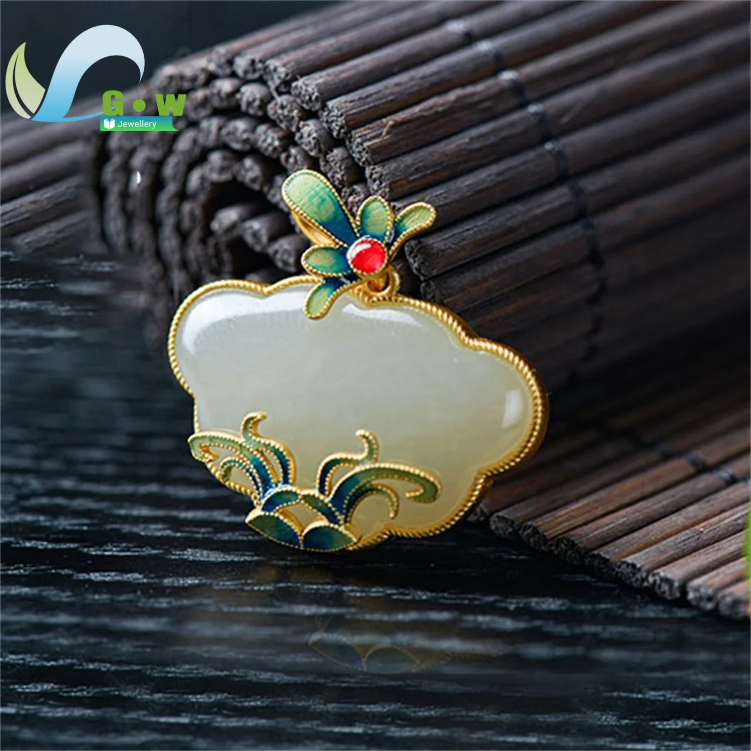 Handmade Artisan Craft Enamel Burnt Blue Pure Silver Gold Plated Magnolia Flower Hetian Jade Pendant Necklace Vintage Accessory