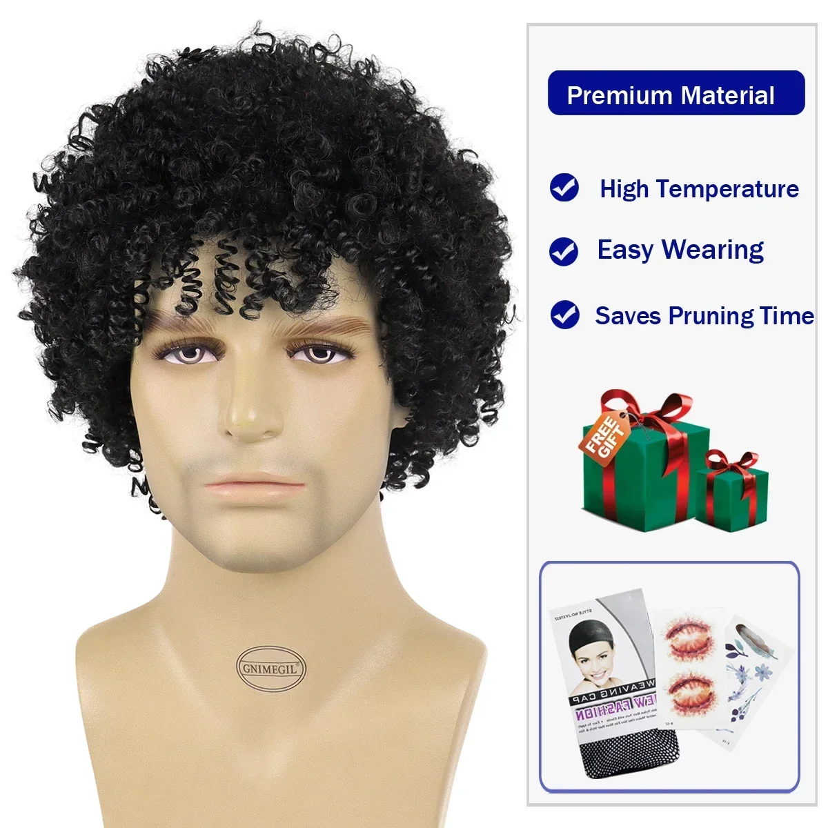 GNIMEGIL Synthetic Short Black Hair Afro Kinky Curly Wig with Bangs Natural Fluffy Wig for Black Men Cosplay High Temperature