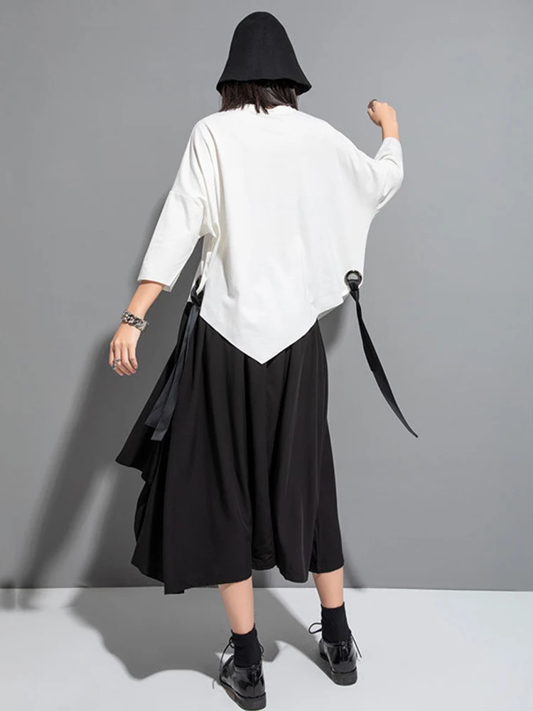 [EAM] Women Black Ribbon Big Size T-shirt New Round Neck Three-quarter Batwing Sleeve Fashion Tide Spring Autumn 2024  1DF8422