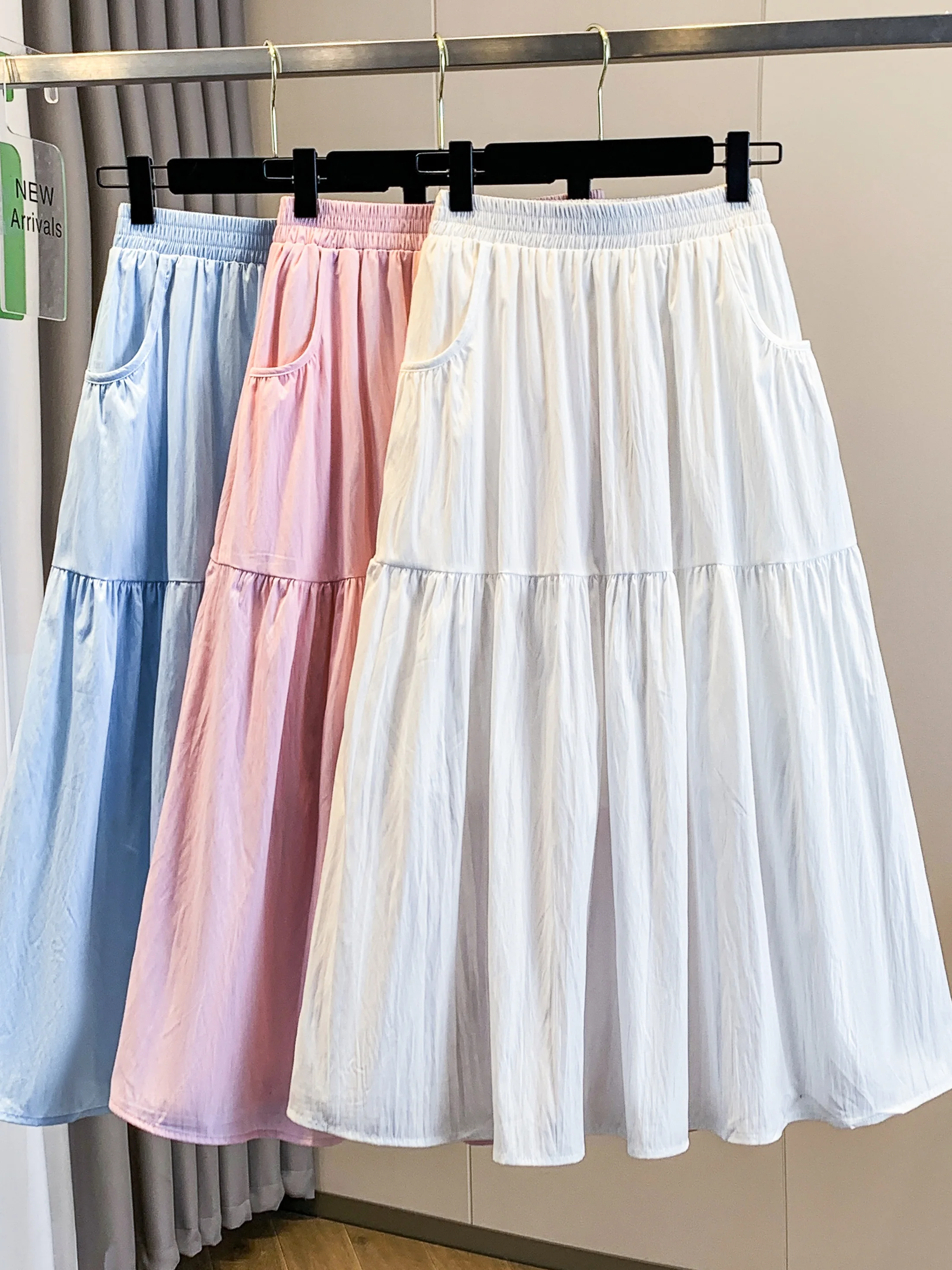 

Летняя юбка-миди 2026 с высокой талией, многоярусная, А-силуэт, с карманами, утягивающая, с защитой от просвечивания, в художественном стиле, для повседневной носки