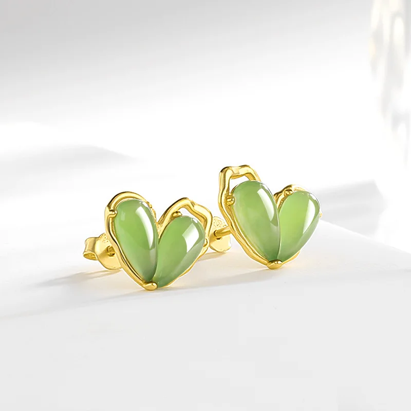 Spinach Green Natural Old Material Hotan Jade Jasper Heart shaped Earrings Women's S925 Silver Jadeite Set Simple Jewelry 2