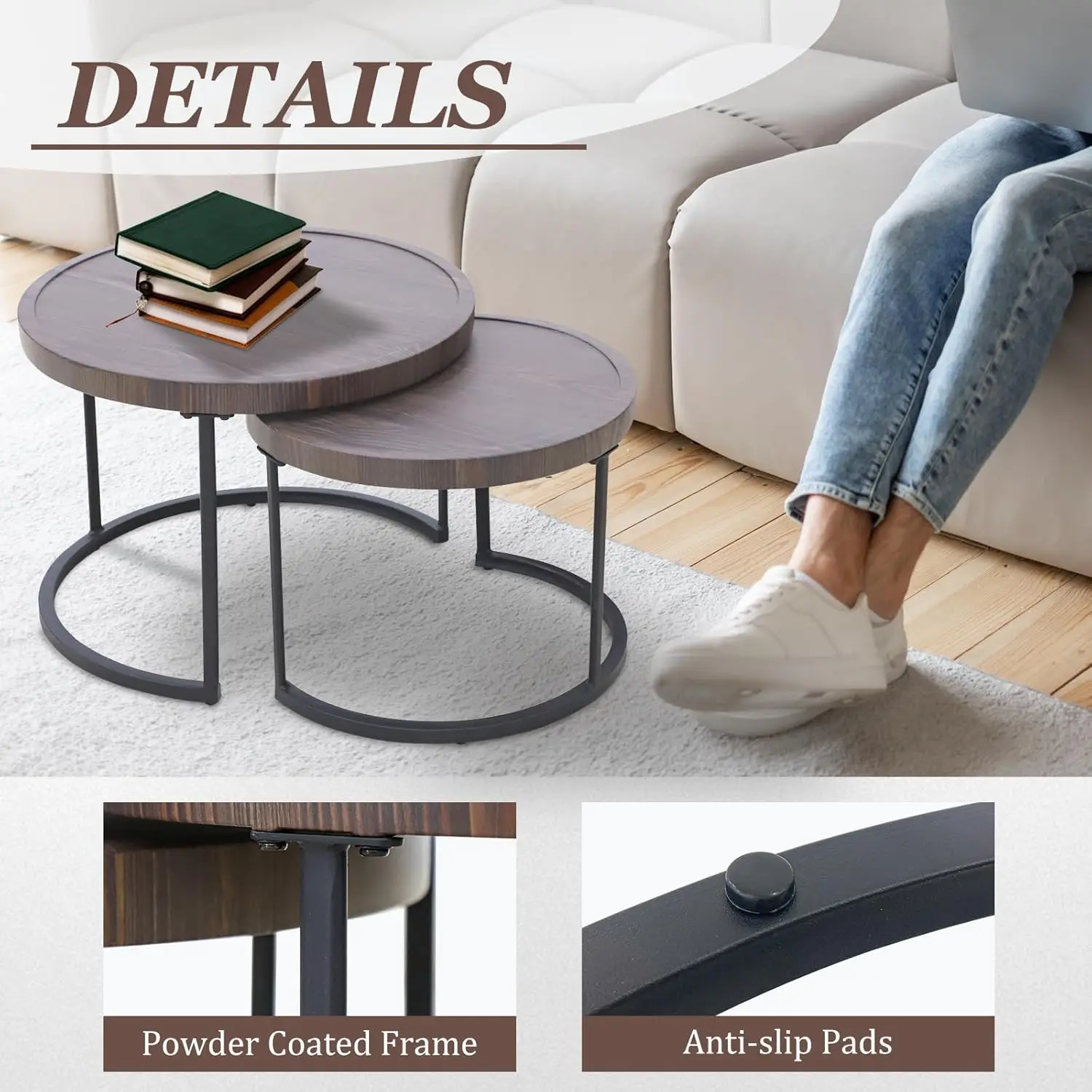 Sand Dune Modern Nesting Coffee Table Set Of 2, Round Patio Wood Side Table, Outdoor Small End Table, Brown