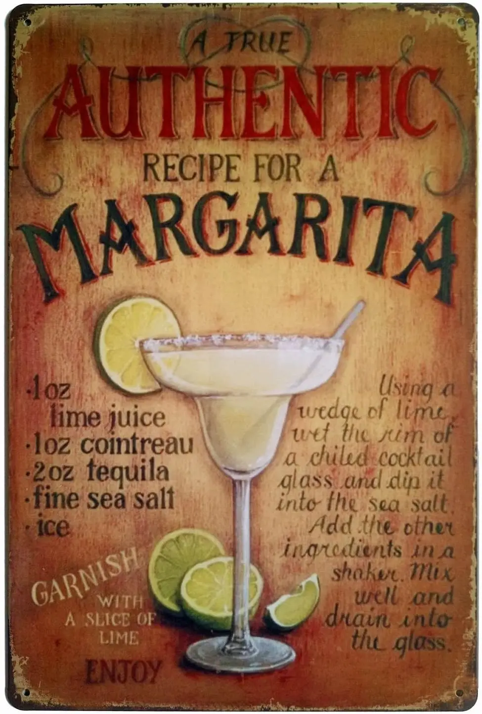 A True Authentic Recipe for a Margarita Tin Sign Wall Retro Metal Bar Pub Poster Metal