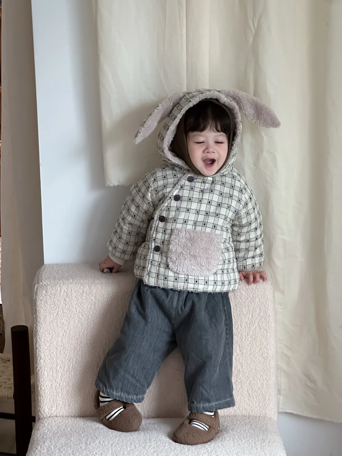 Infant Boys Warm Hooded Coat Plus Velvet Thick Girls Plaid Cardigan Toddler Clothes 2025 Winter New Baby Cotton Padded Jacket