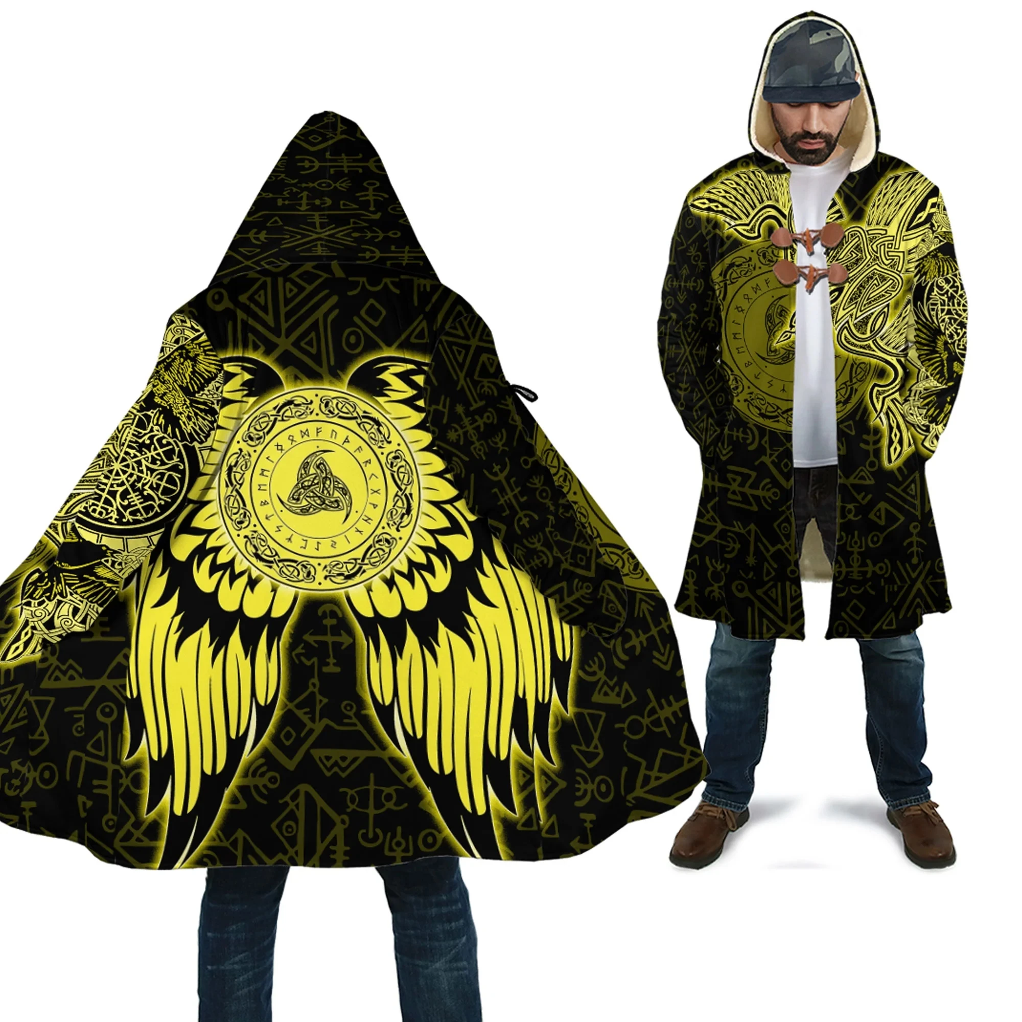 Raven and Valknut Gold Tattoo 3D All Over Printed Men's Fleece Hooded Cloak Winter Unisex Casual Thick Warm Cloak Coats PF113