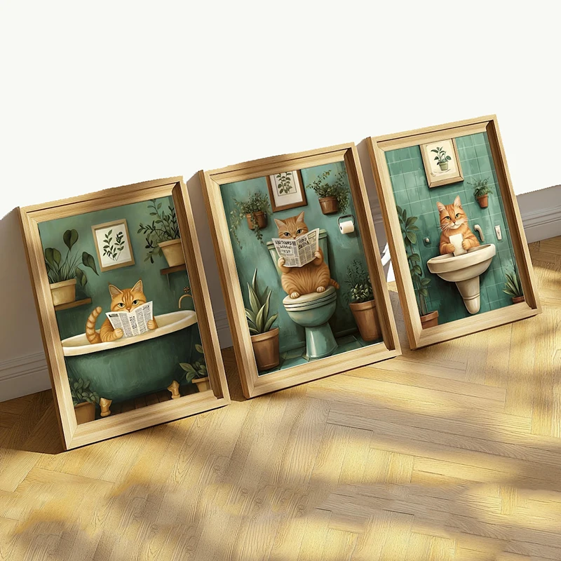 Funny Orange Cat Bathroom Poster Whimsical Toilet Print Humorous Feline Canvas Painting Wall Art Picture for Bathroom Home Decor