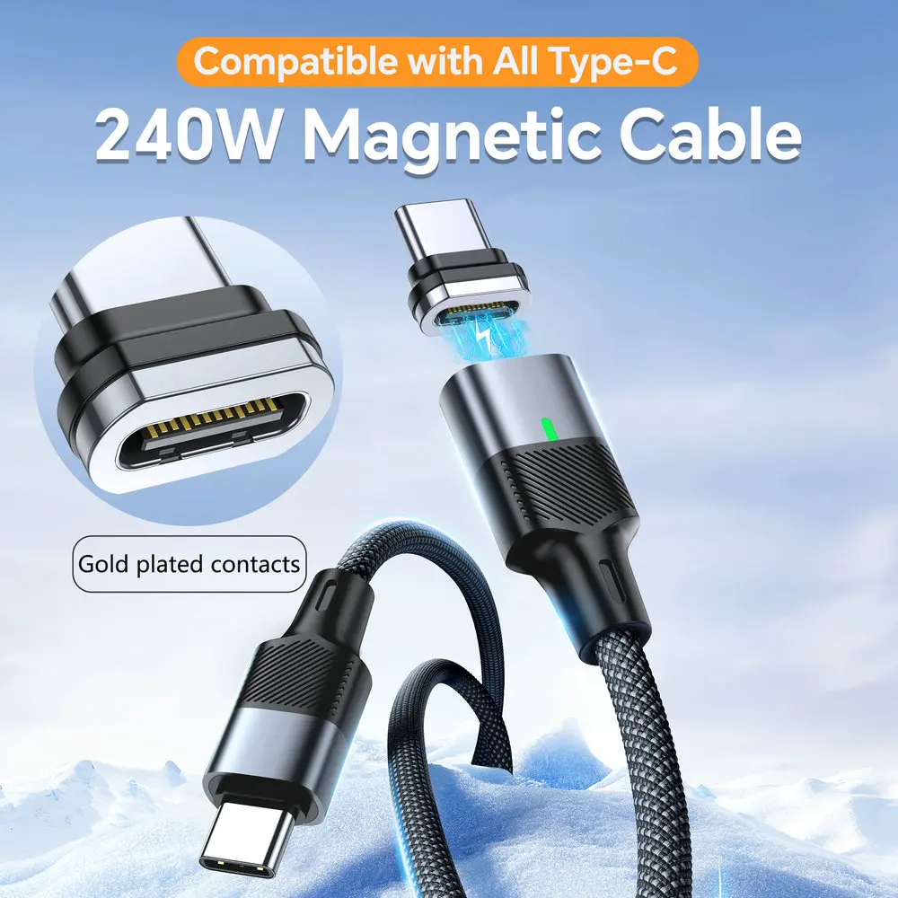 

240W Magnetic Phone Charger Magnetic USB C Charging Cable 120Gbps Data Transfer Nylon Braided Cord for Type-C USB iPhone Android