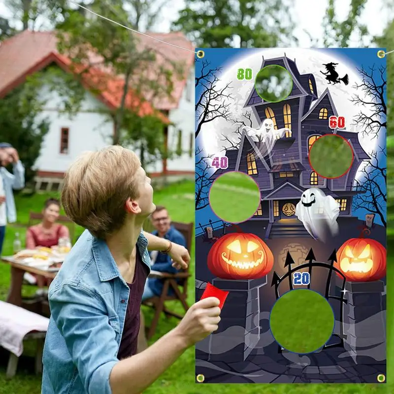 Halloween Bean Bag Toss Game Banner Ghost Pumpkin Decoration Bean Throwing Bag Party Supplies Decor Kids Adults Indoor Outdoor